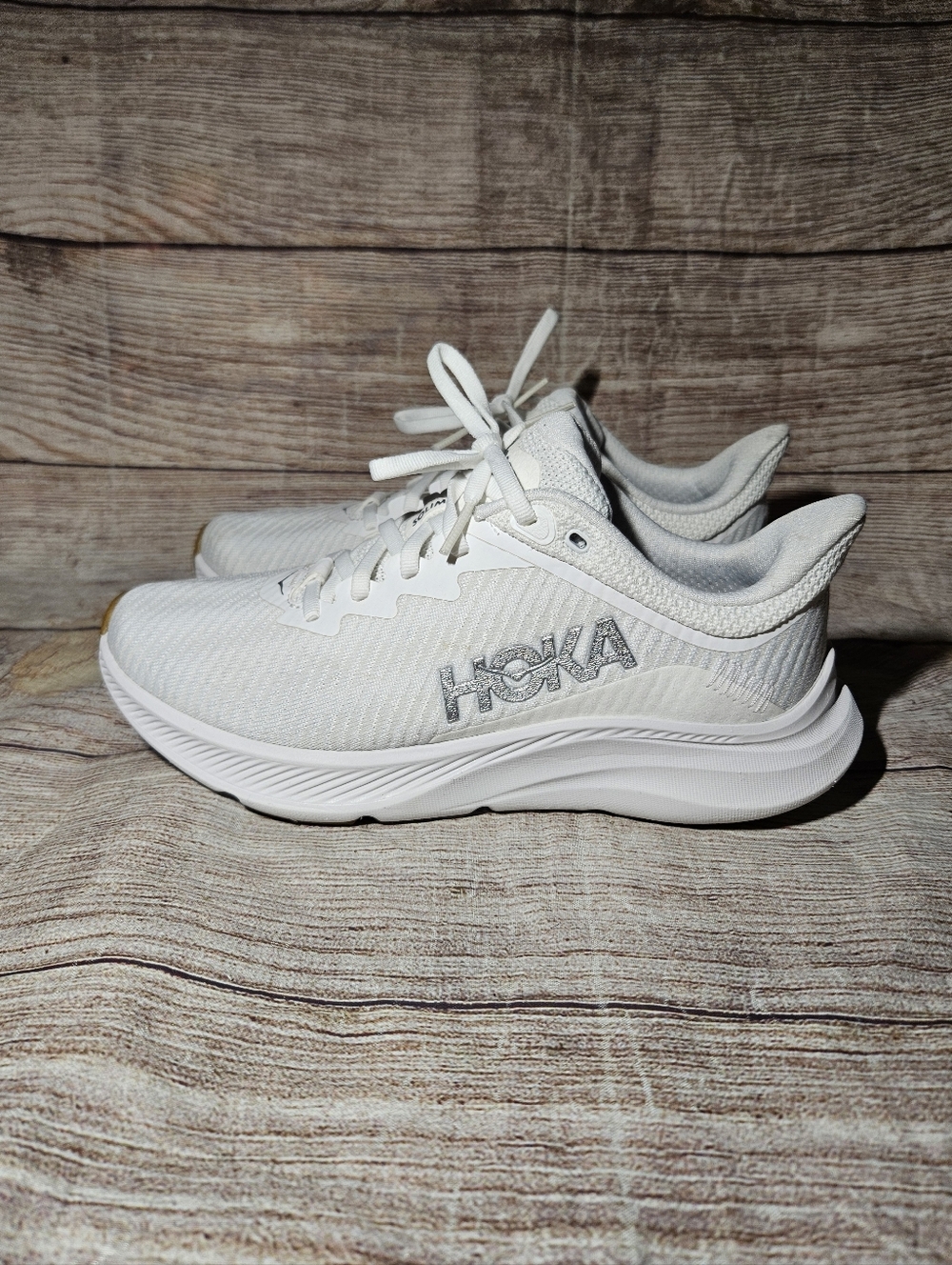 Hoka One One Solimar wide white and silver running sneakers shoes